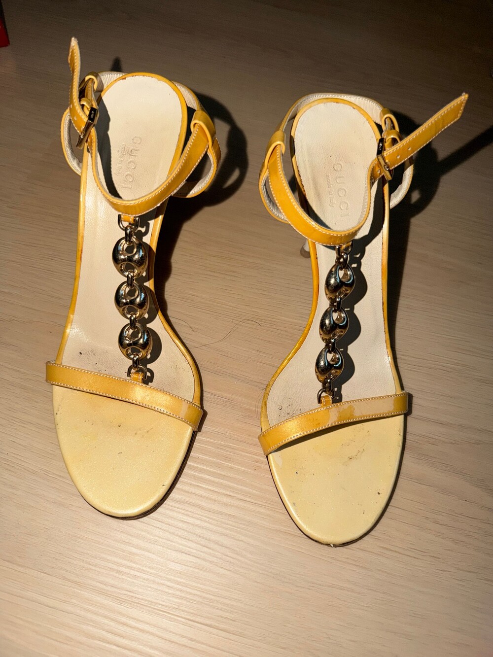 Gucci Dark Ivory /Yellow Patent Horse-Bit Chain Heels 7B